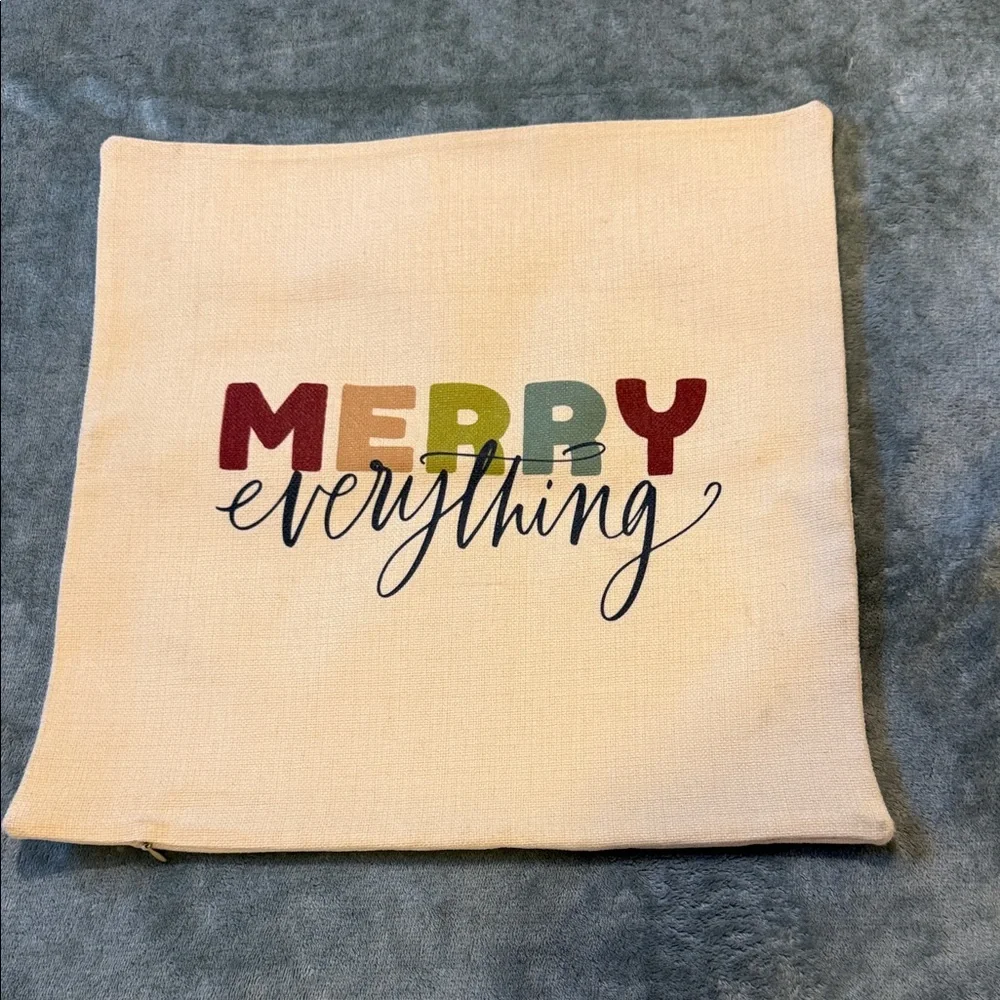 Merry Everything Holiday Throw Pillow Cover - Neutral w Colorful Text, 15 x 15